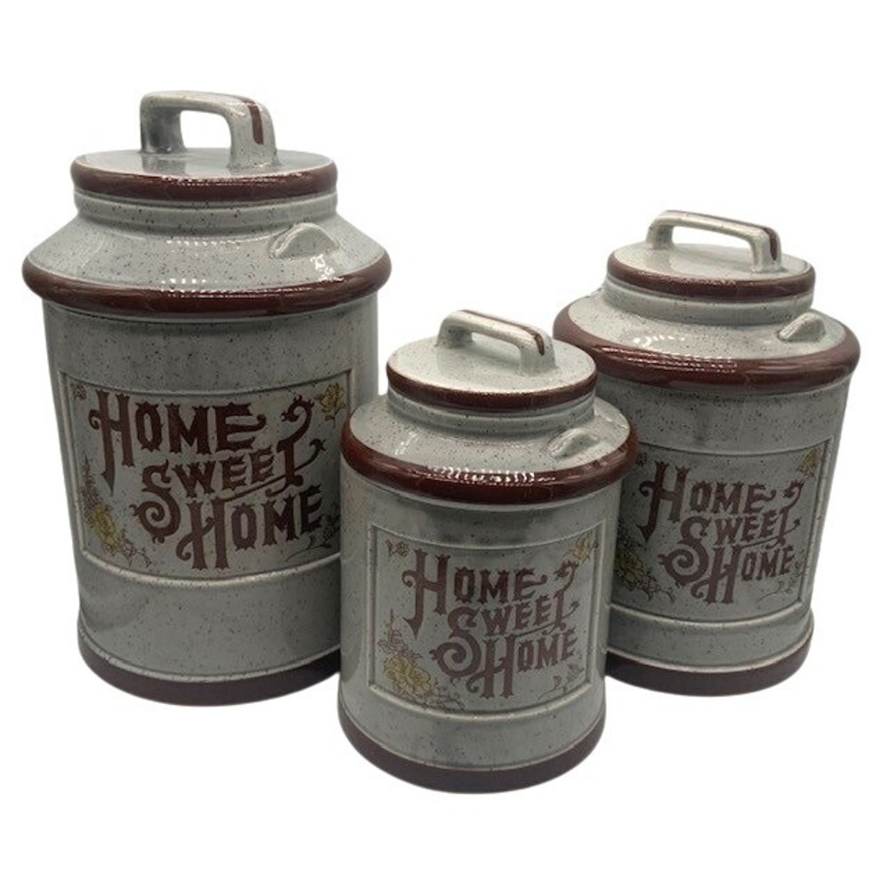 Vintage 3 Pc Home Sweet Home Canister Set Japan Stoneware 70s Country Kitchen